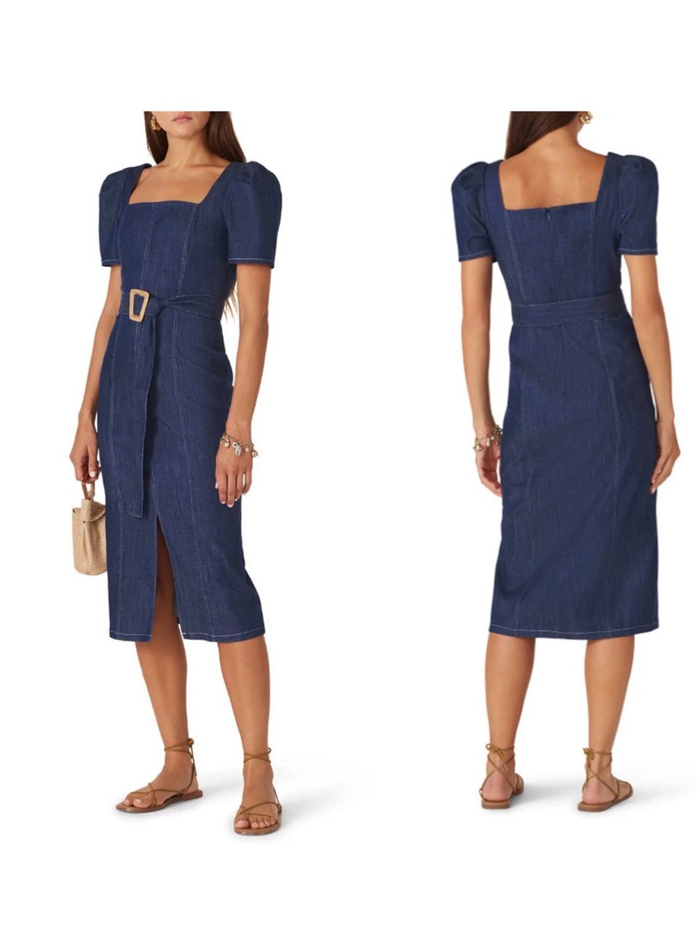 Shoshanna Indigo Denim Square-Neck Midi Dress with Belt